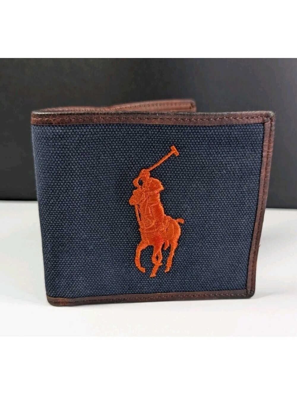 Polo Ralph Lauren Mens Navy Brown Canvas Leather Bifold Wallet Pony Logo Classic